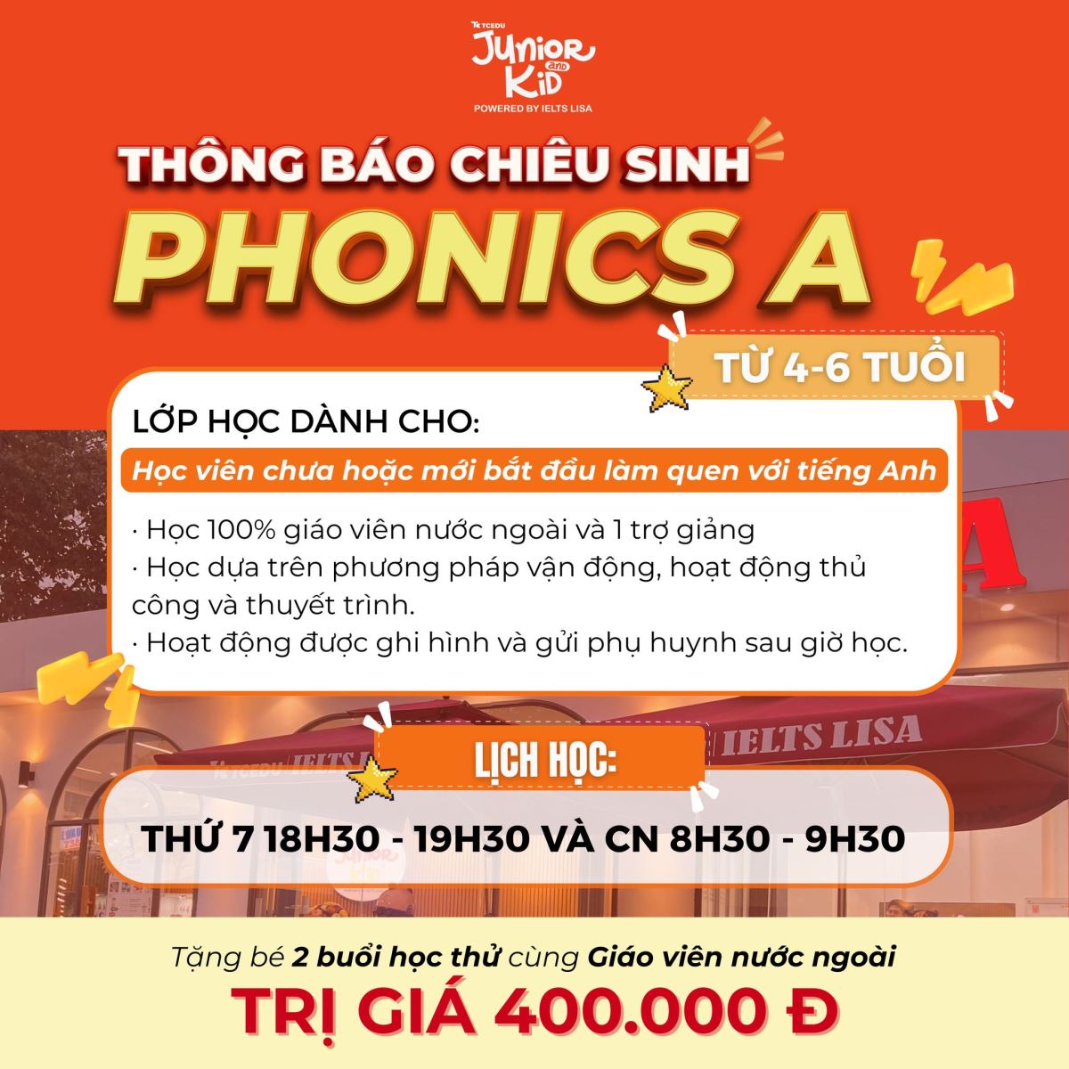 THÔNG BÁO CHIÊU SINH LỚP PHONICS A – DÀNH CHO BÉ 4–6 TUỔI